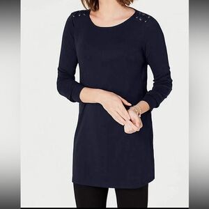 J.Jill Pima Cotton Laced-Shoulder Tunic Women M Navy 3/4 Sleeves Classic